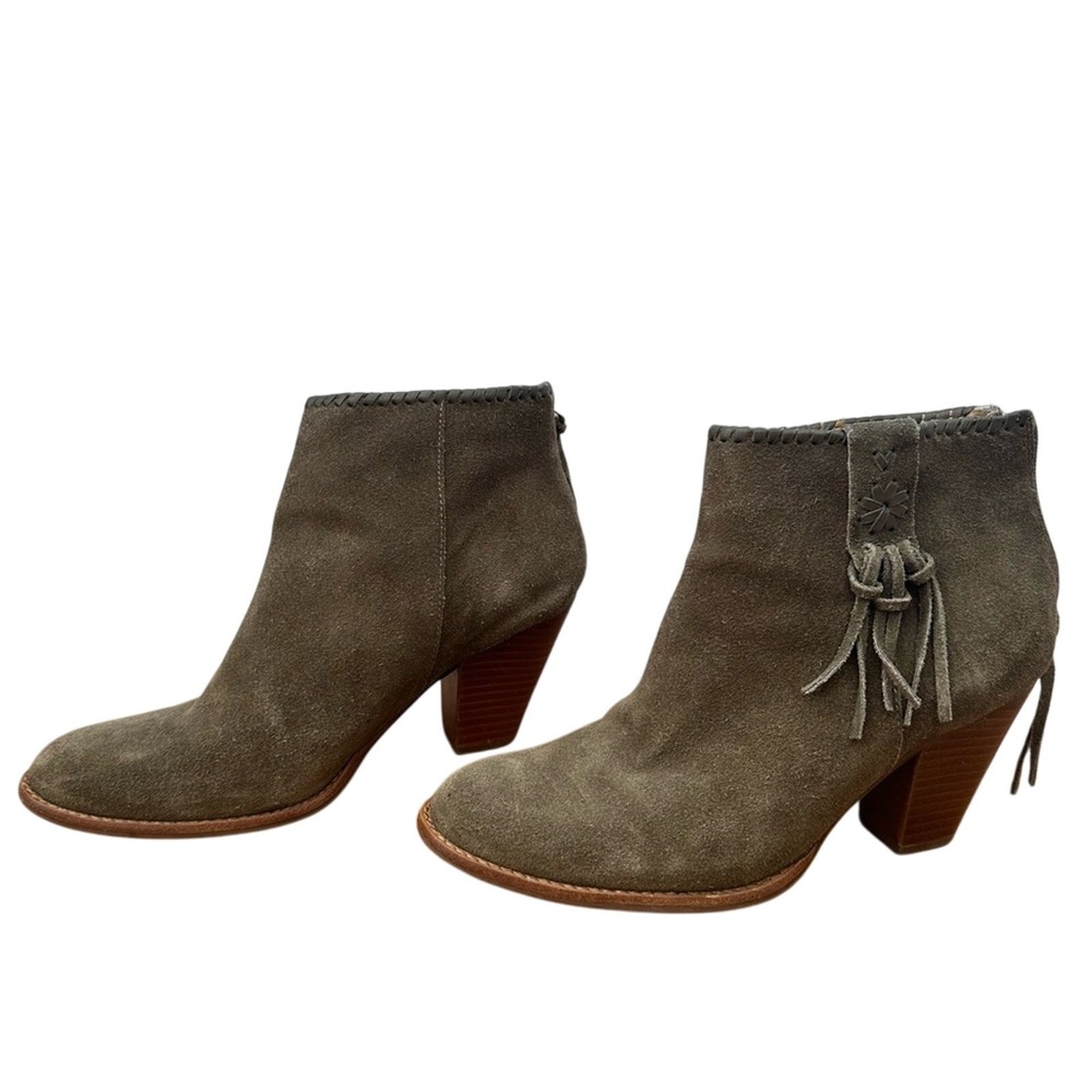 Jack Rogers Boots Womens 8 Olive Suede Tassel Whipstitch Block Heel Booties Chic